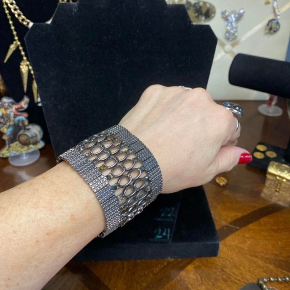 Vintage Gunmetal Grey cuff stretchy bracelet with metal pieces